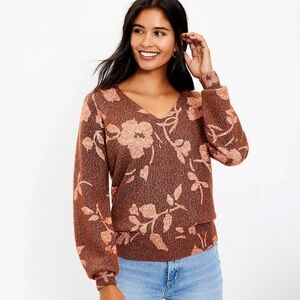 Loft Floral V-Neck Sweater - Brown